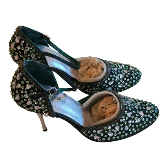 Marichi Mani Heels 8.5 Women Green Metallic Rhinestone Stiletto Party Bridal - Picture 4 of 15